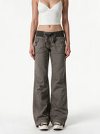 Washed taupe low rise trousers with a lace up waist