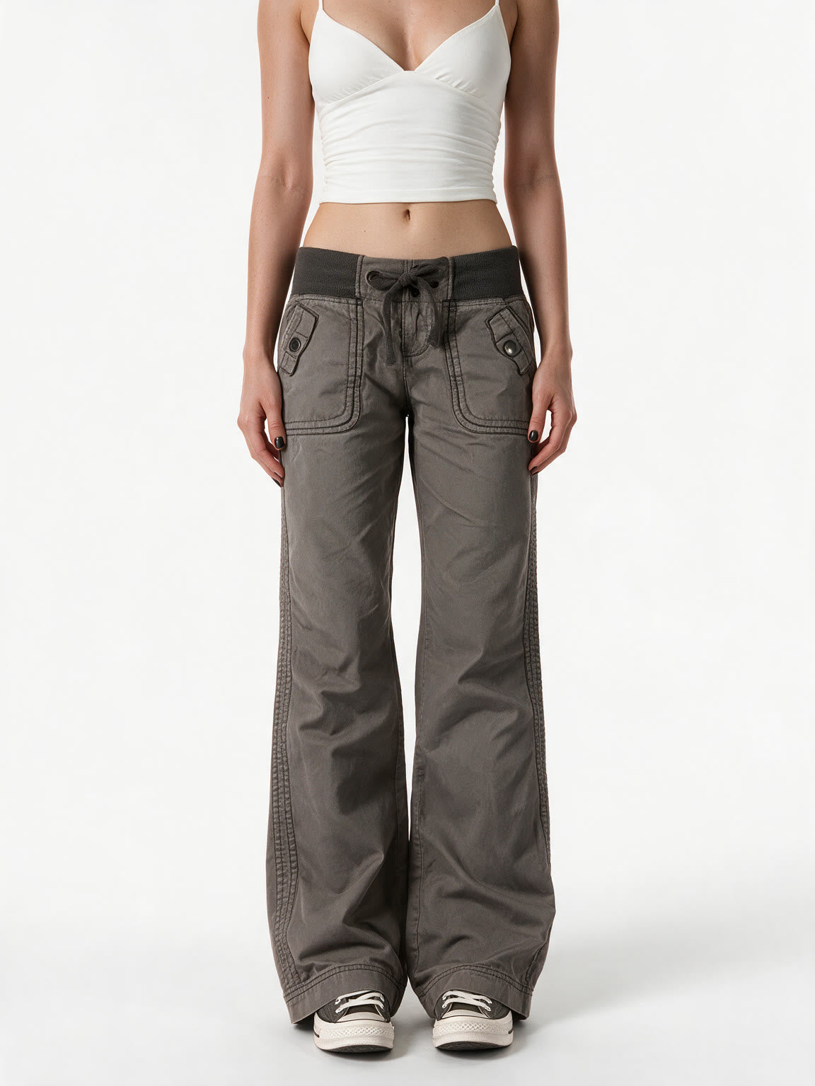 Washed taupe low rise trousers with a lace up waist
