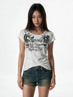 White baby tee with winged blackletter print