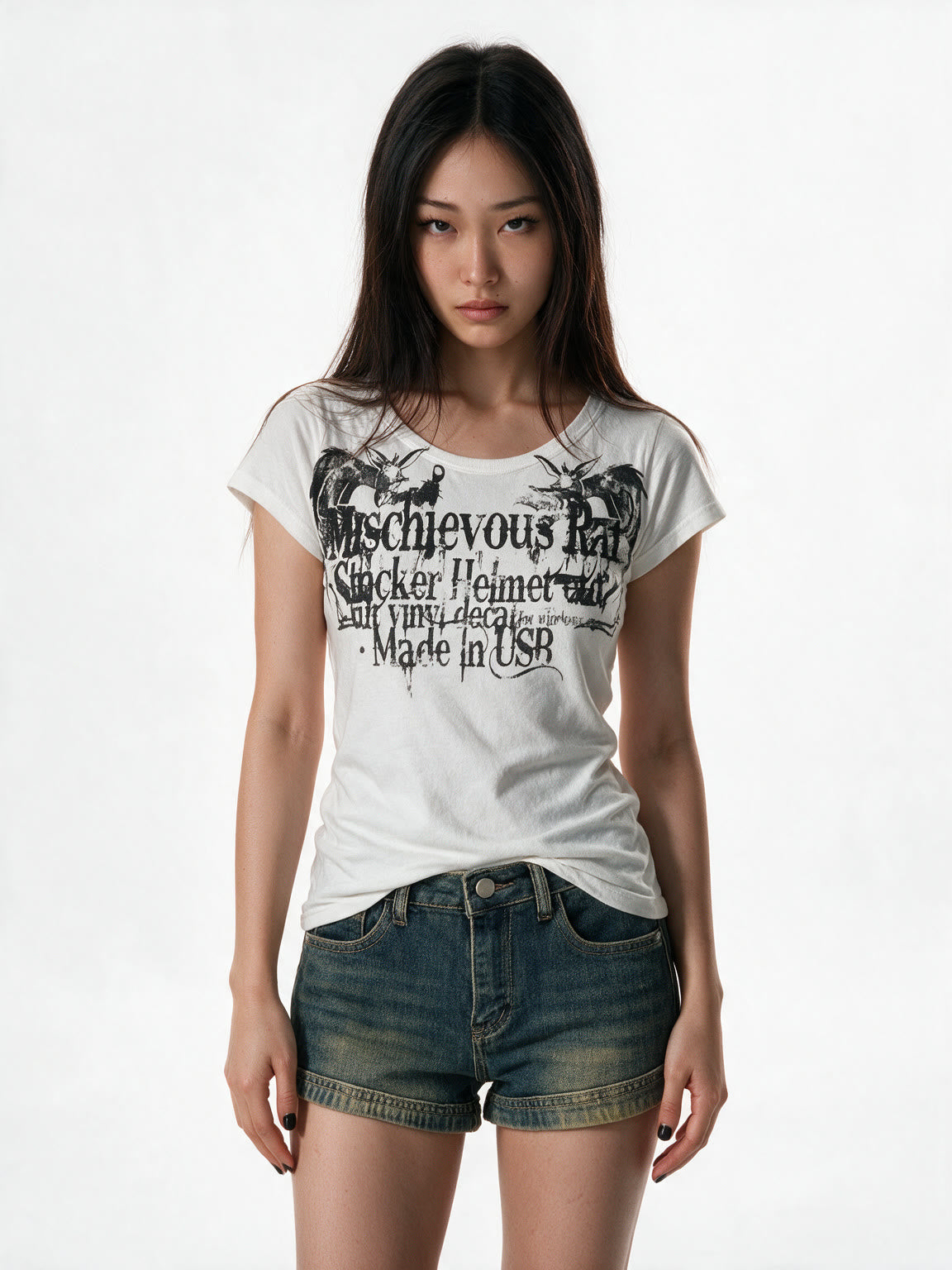 White baby tee with winged blackletter print