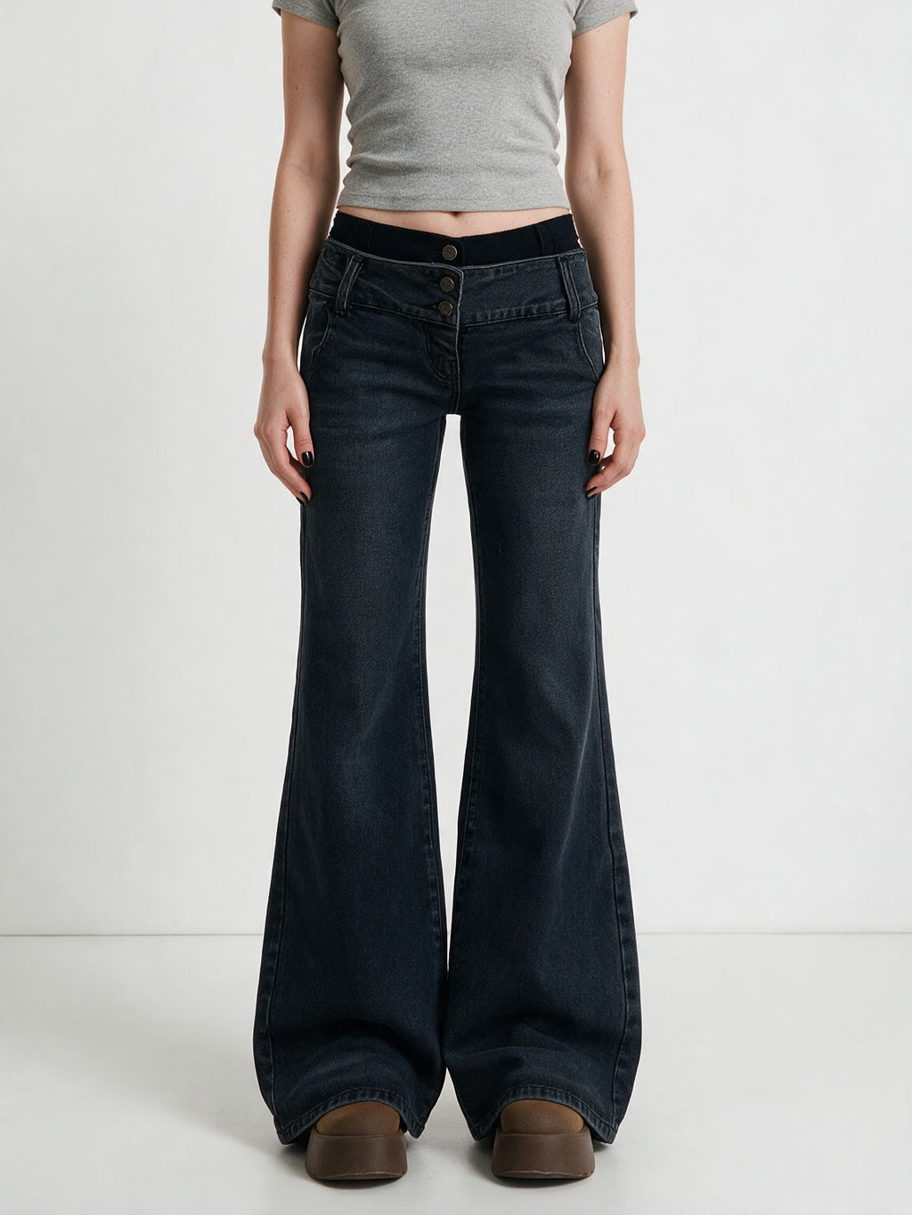 Washed blue low rise flare jeans