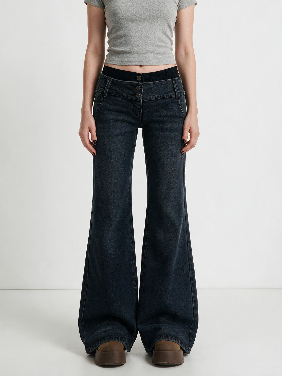 Washed blue low rise flare jeans