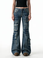 Washed blue cargo flare jeans with thigh pockets