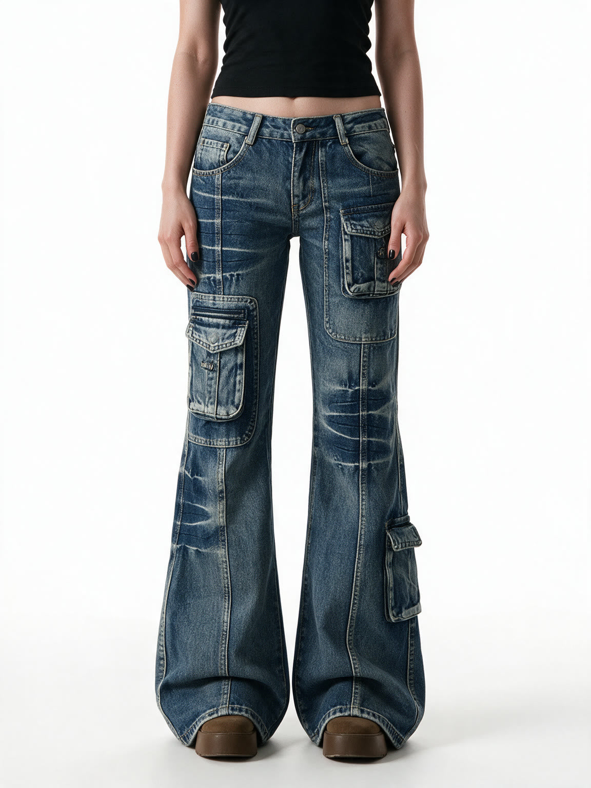 Washed blue cargo flare jeans with thigh pockets