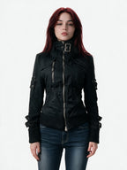 Washed denim military jacket with double rows of dome buttons