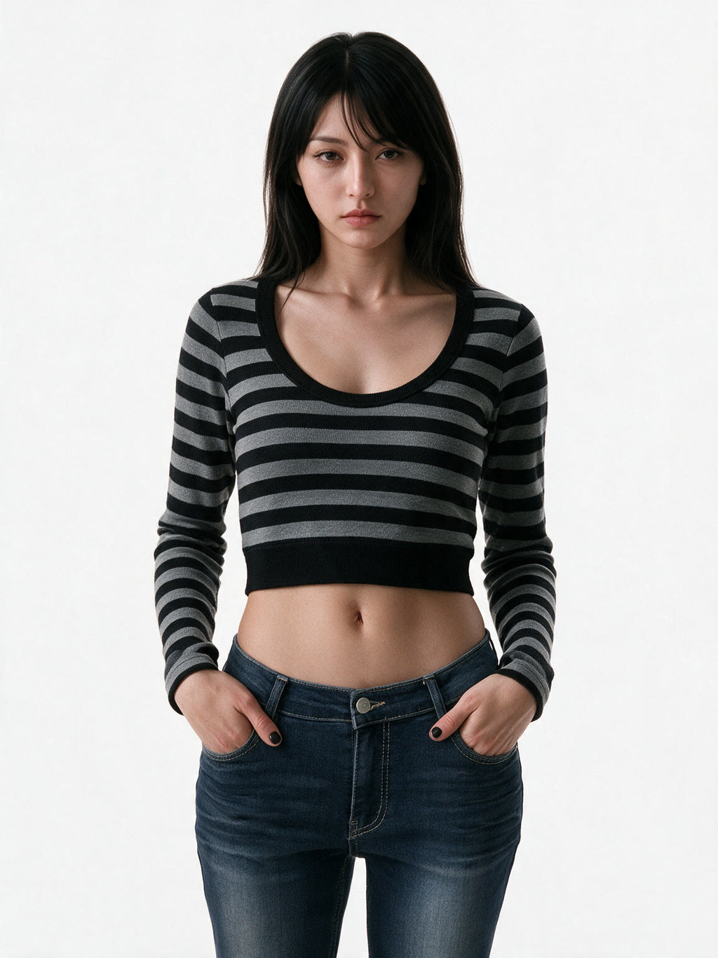 Grey and black striped cropped long sleeve top