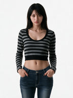 Grey and black striped cropped long sleeve top