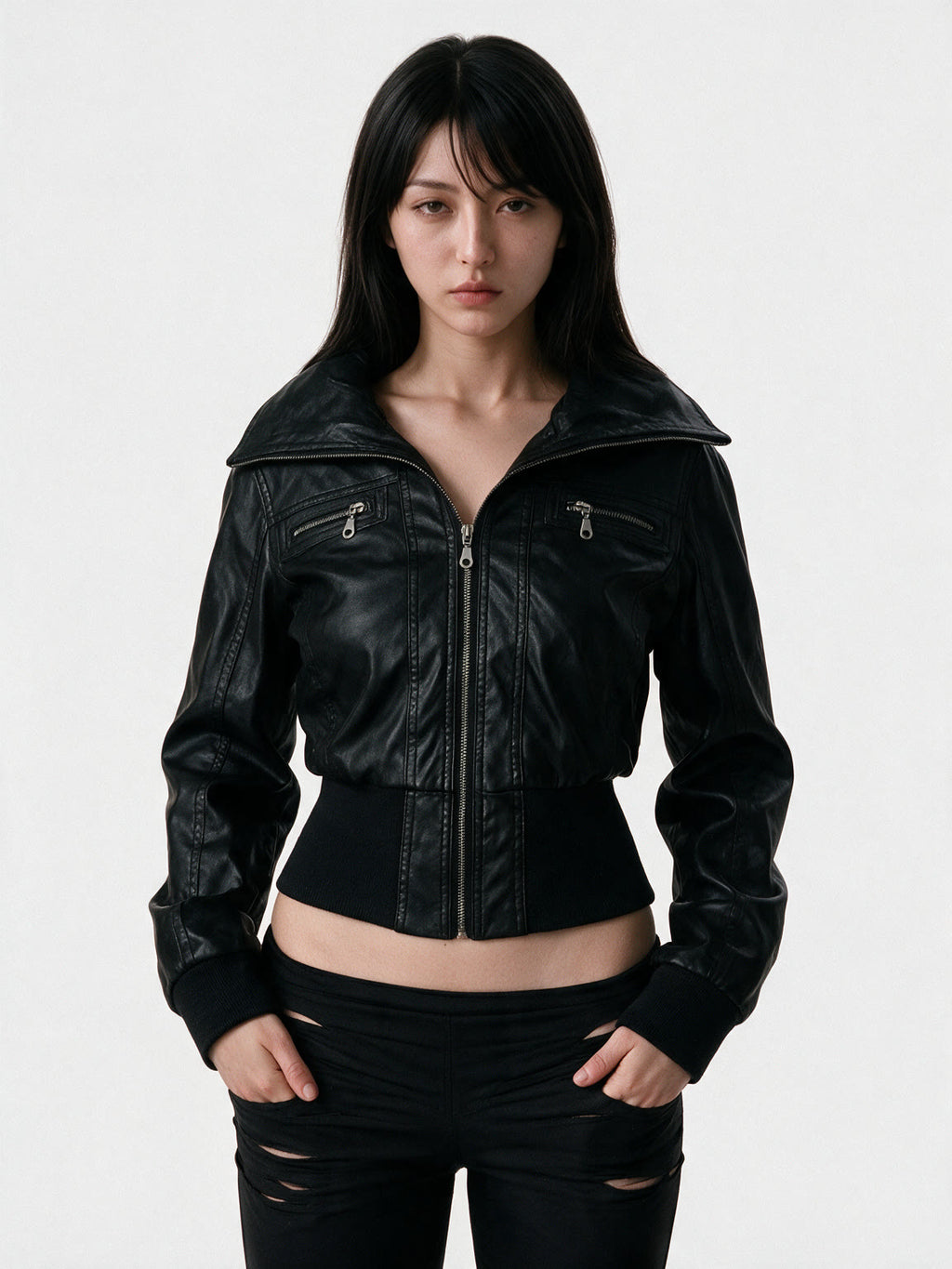 Black leather bomber jacket with a wide collar and ribbed hem
