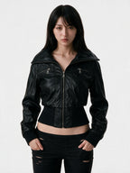 Black leather bomber jacket with a wide collar and ribbed hem