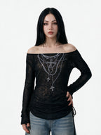 Sheer black long sleeve top with tattoo style print and side ties