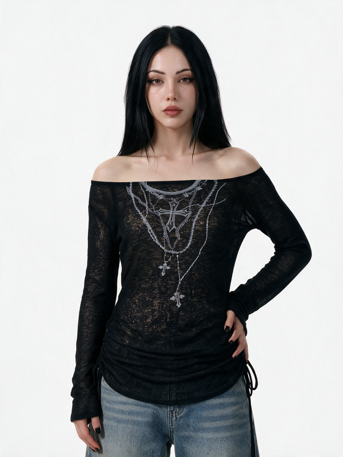 Sheer black long sleeve top with tattoo style print and side ties