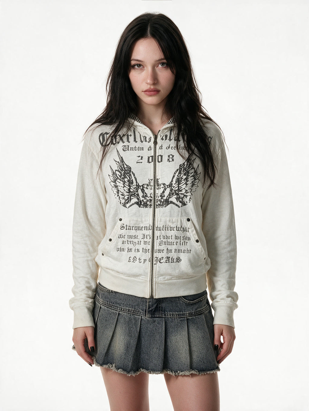 White zip hoodie with winged gothic print
