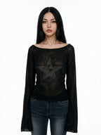 Black off shoulder top with lace panel and flared sleeves
