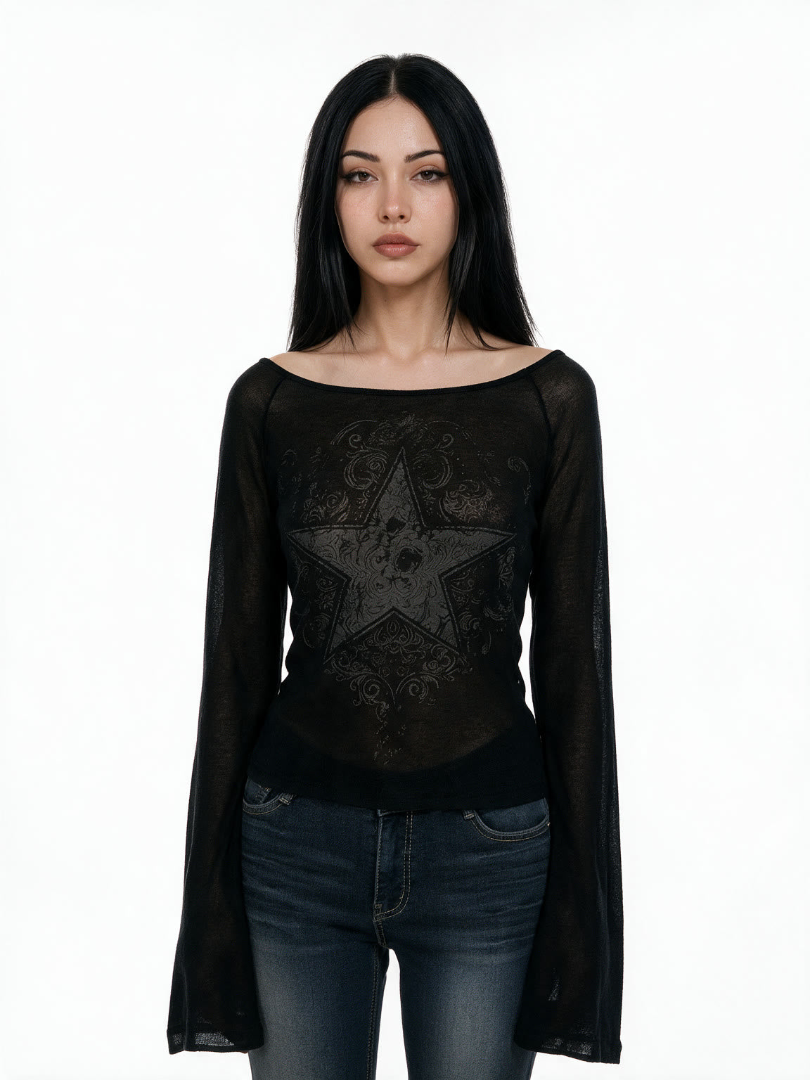 Black off shoulder top with lace panel and flared sleeves