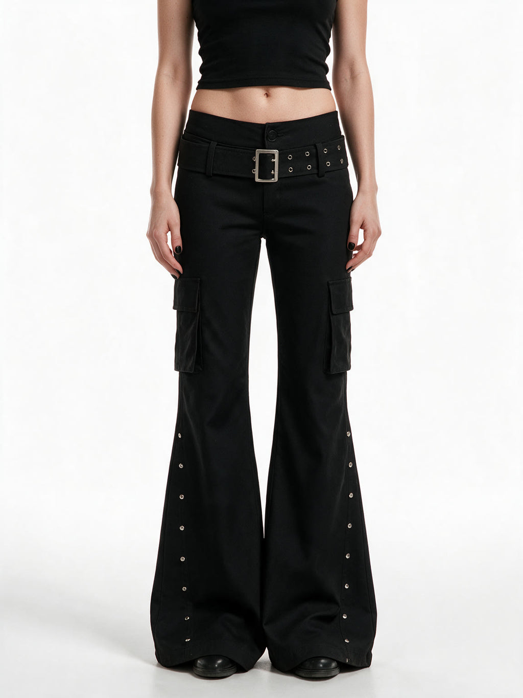 Black cargo flare trousers with rivets and a studded belt