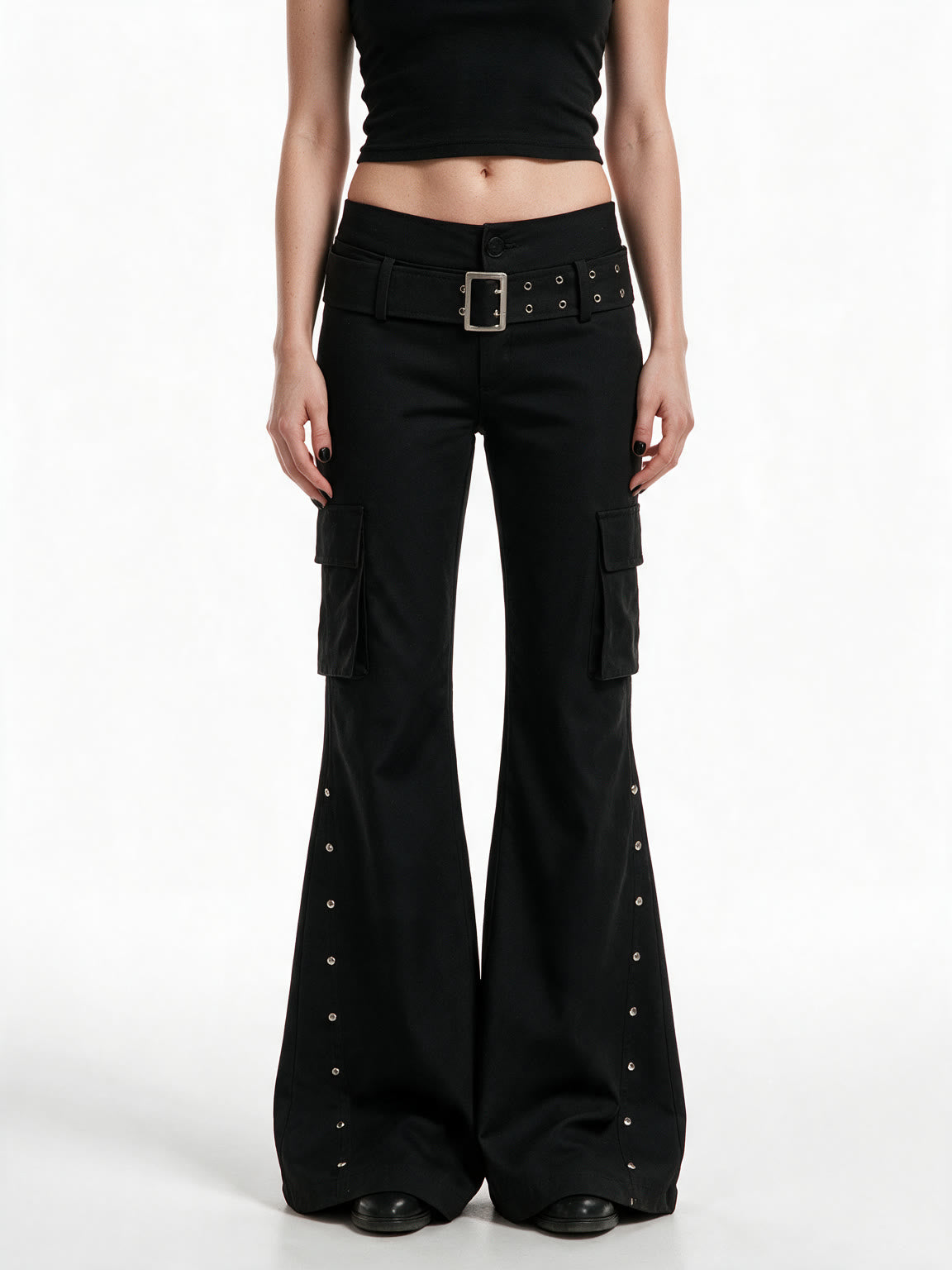 Black cargo flare trousers with rivets and a studded belt