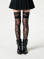 Black floral fishnet thigh high stockings