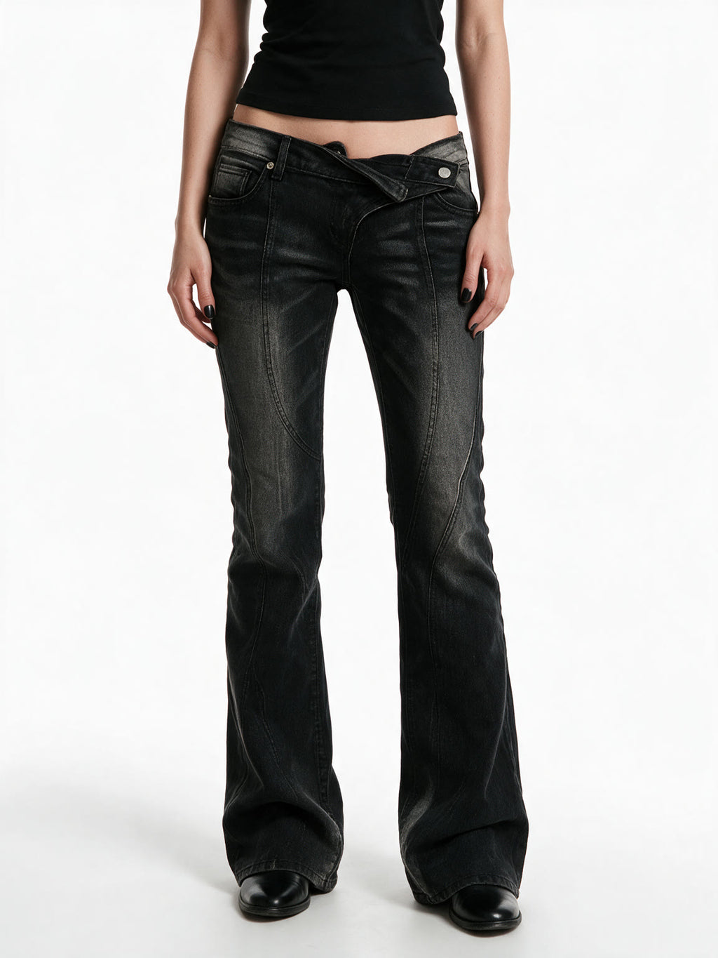 Washed black flare jeans with an asymmetric waistband