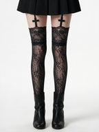 Black lace thigh high stockings with cross charms