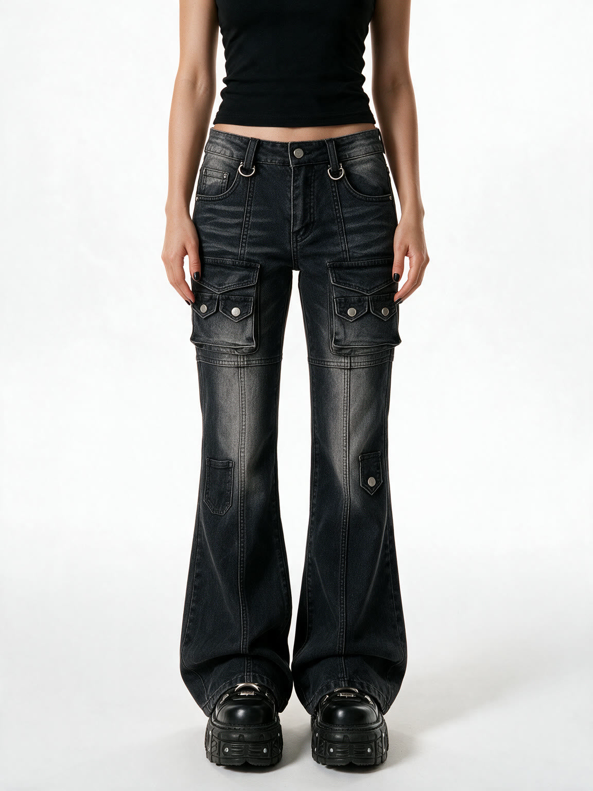 Washed black cargo flare jeans