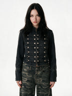 Washed black denim moto jacket with a stand collar