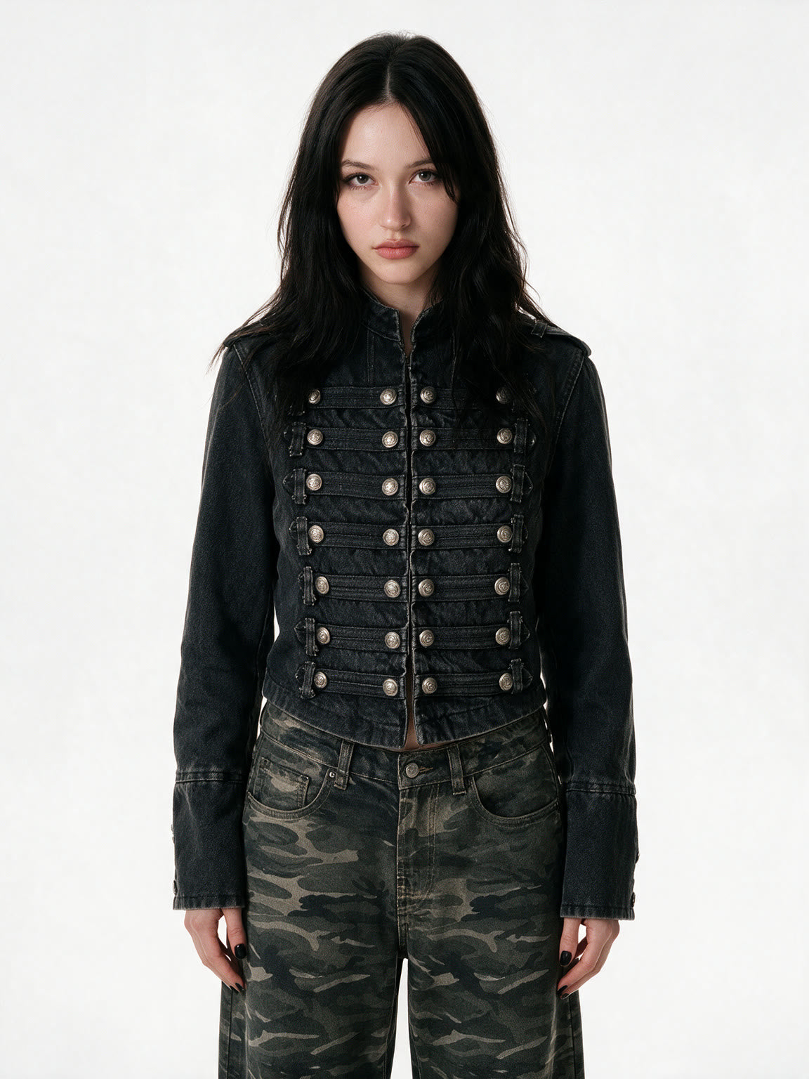 Washed black denim moto jacket with a stand collar