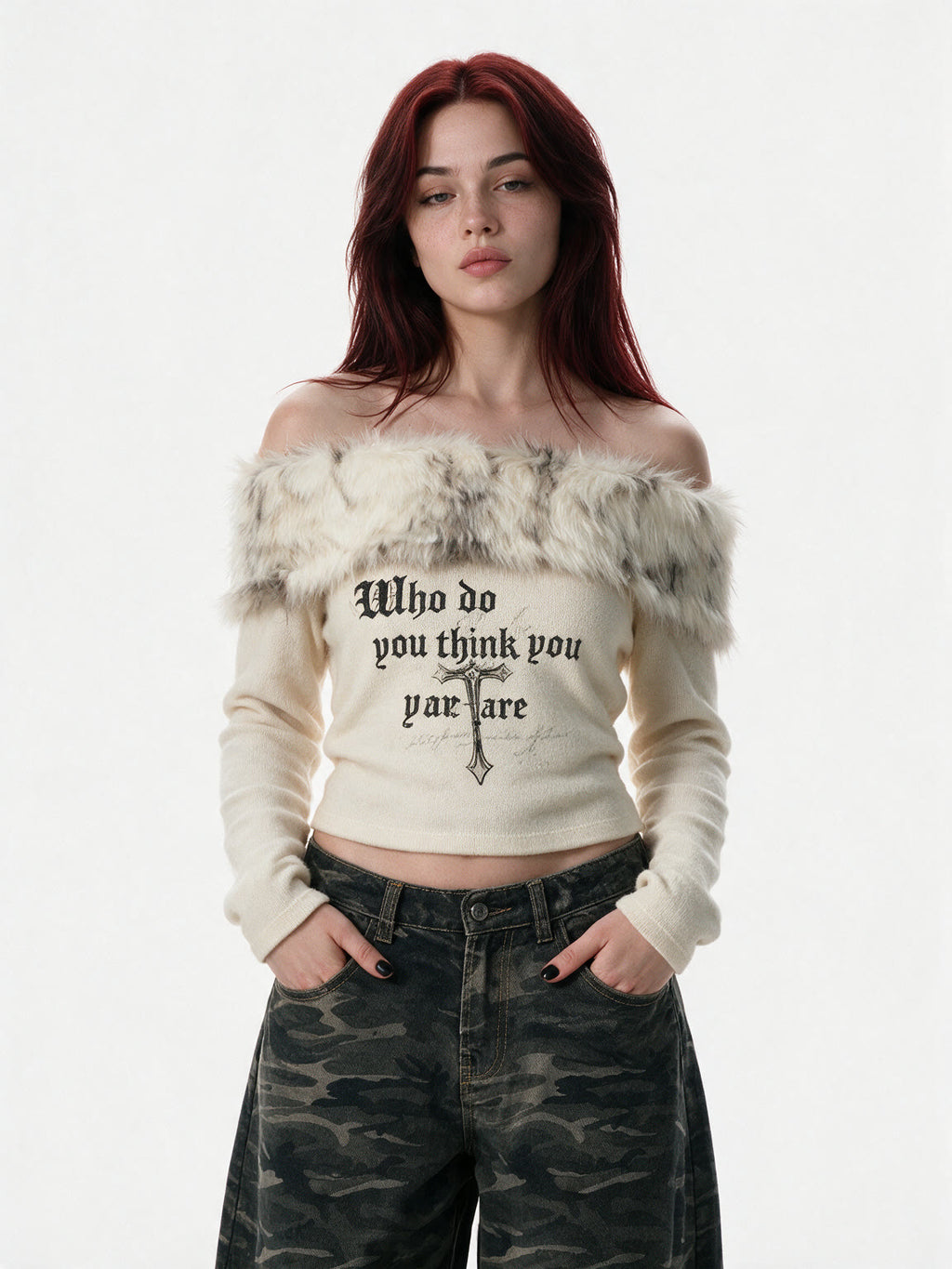 Cream off shoulder knit top with a faux fur collar