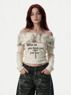 Cream off shoulder knit top with a faux fur collar