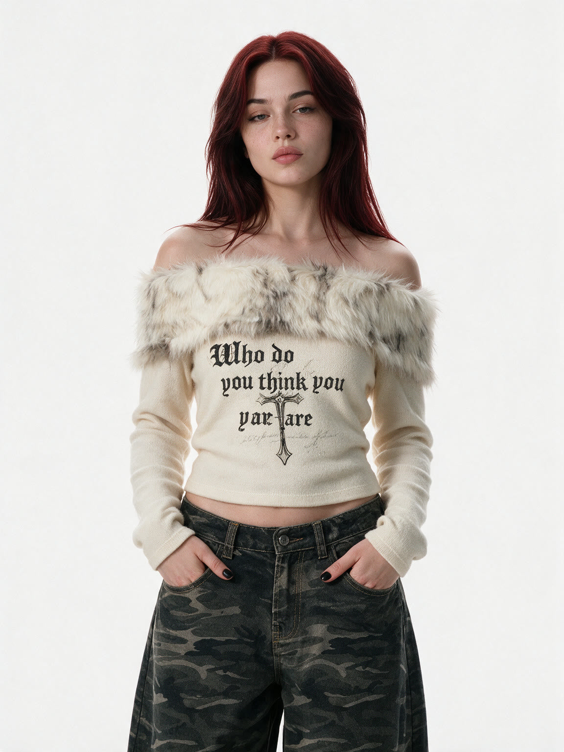 Cream off shoulder knit top with a faux fur collar