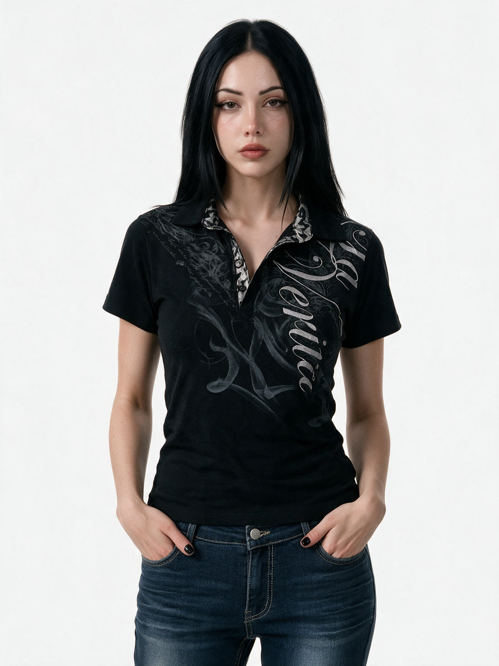 Black polo tee with gothic script print