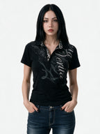 Black polo tee with gothic script print