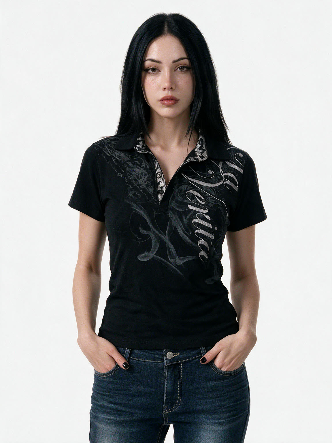 Black polo tee with gothic script print