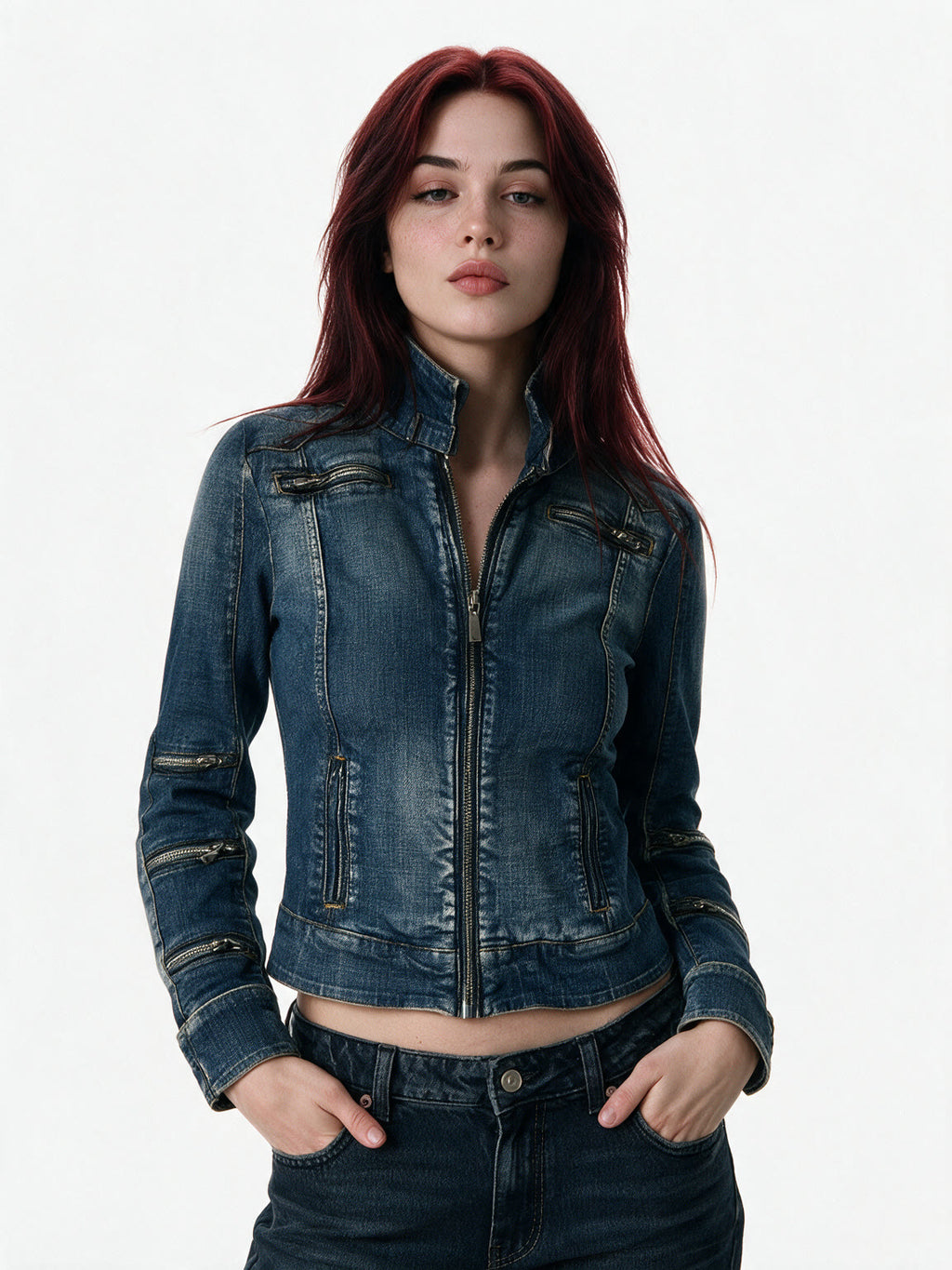 Washed blue denim jacket with multiple zips