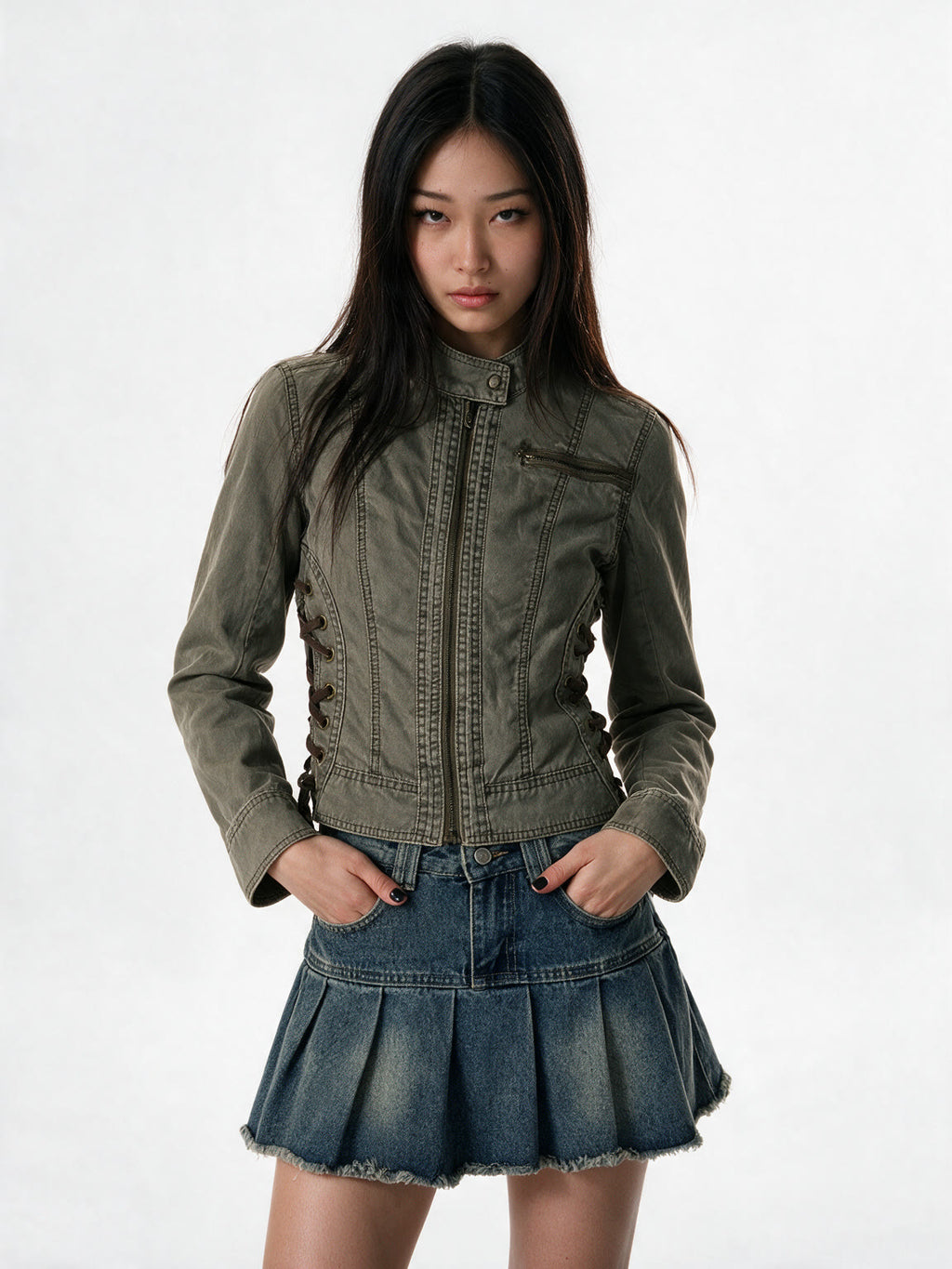 Washed army green cropped jacket with side lacing