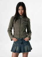 Washed army green cropped jacket with side lacing
