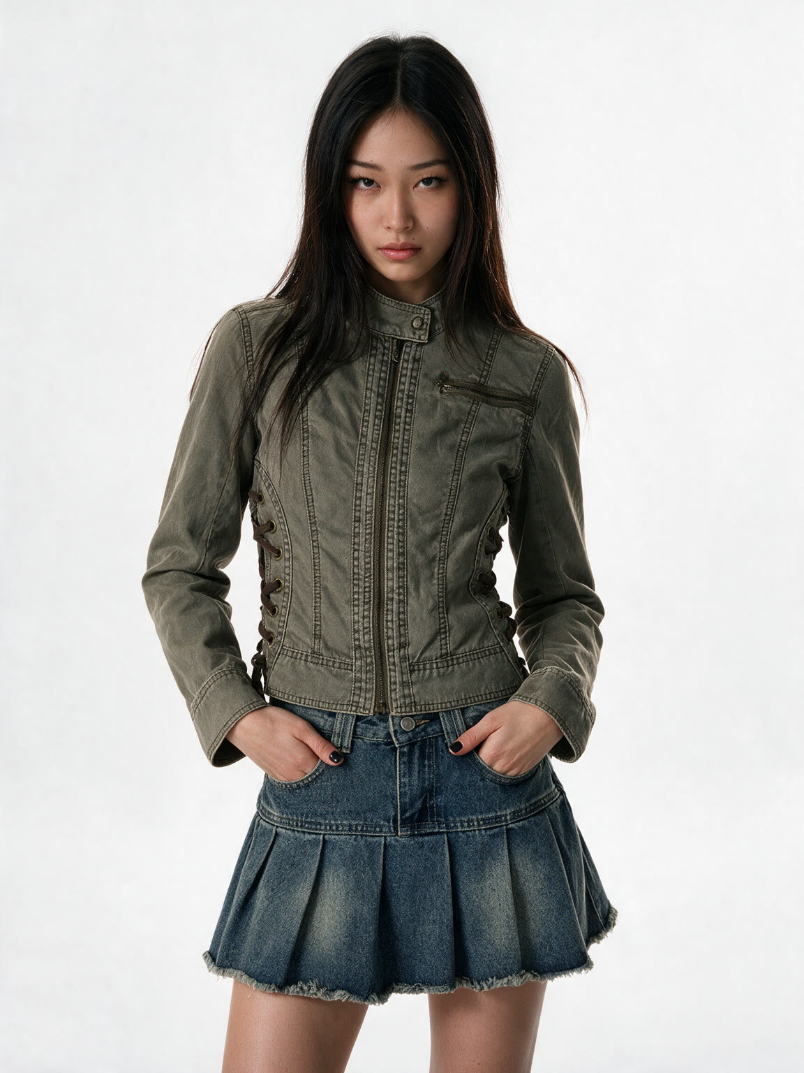 Washed army green cropped jacket with side lacing