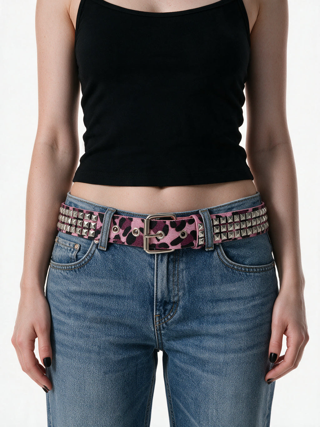 Pink leopard faux fur belt with pyramid studs