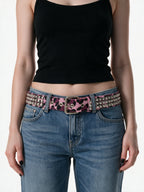 Pink leopard faux fur belt with pyramid studs