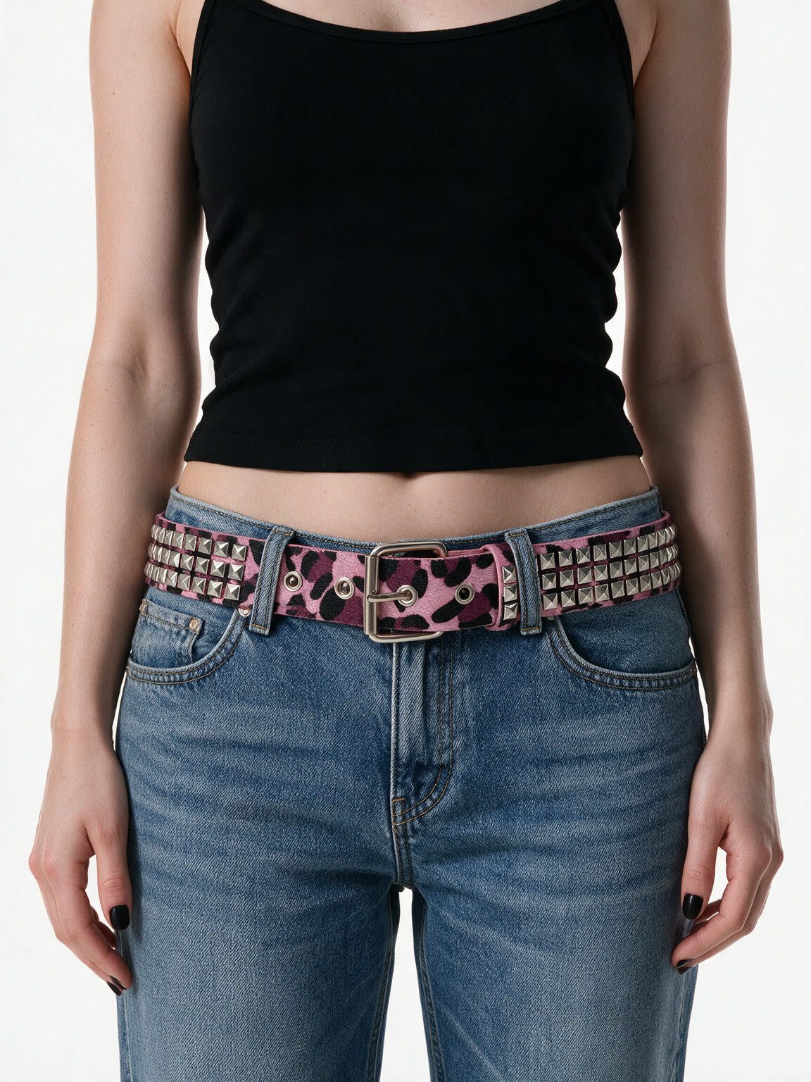 Pink leopard faux fur belt with pyramid studs