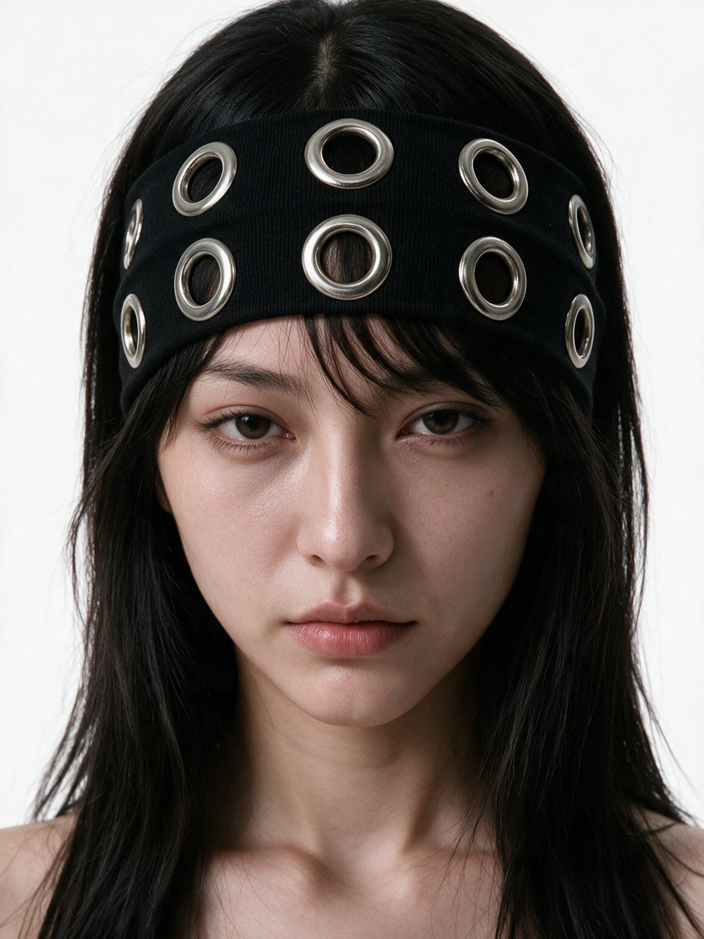 Wide black elastic headband with silver eyelets