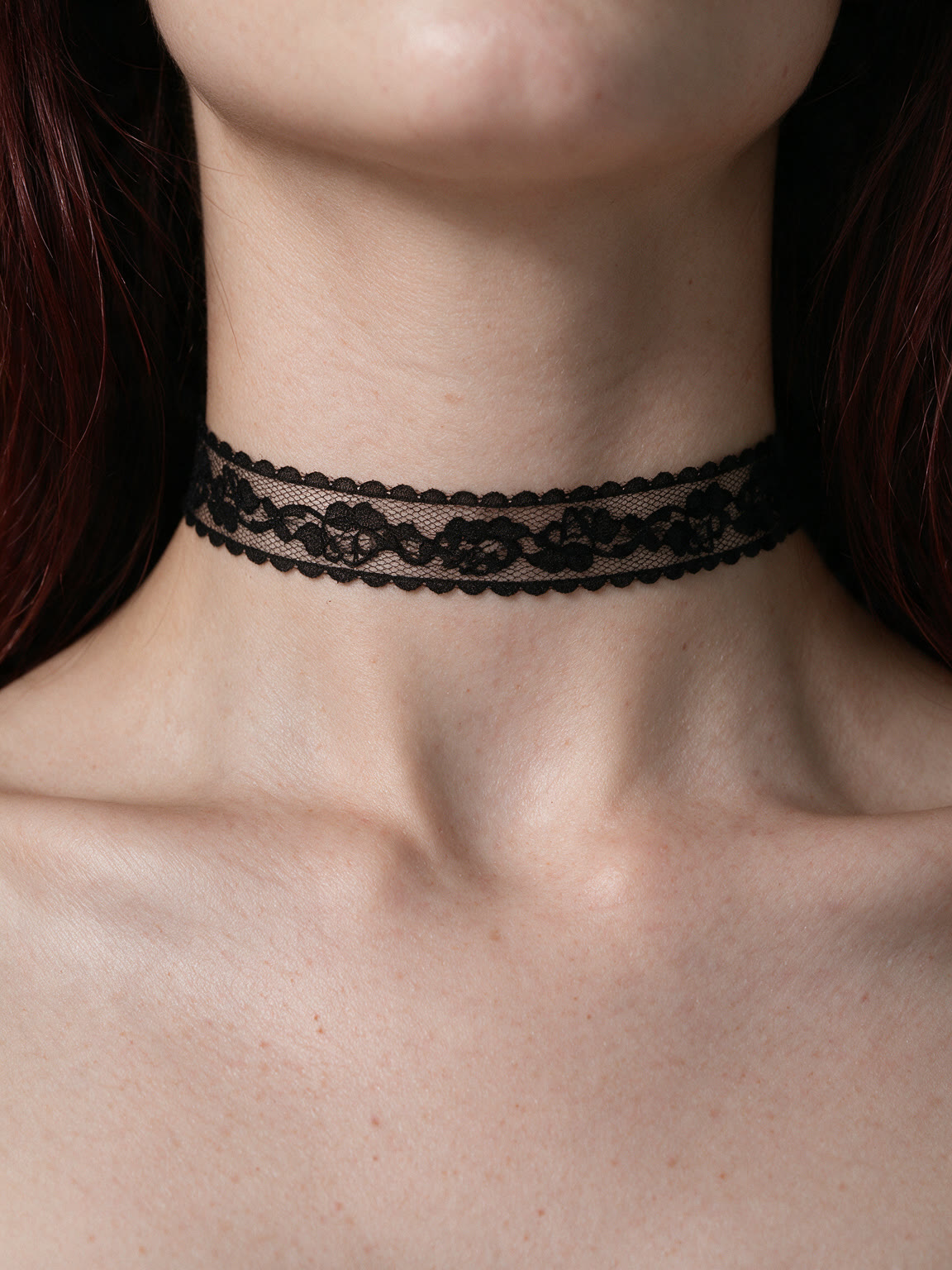 Wide black floral lace choker with a chain clasp