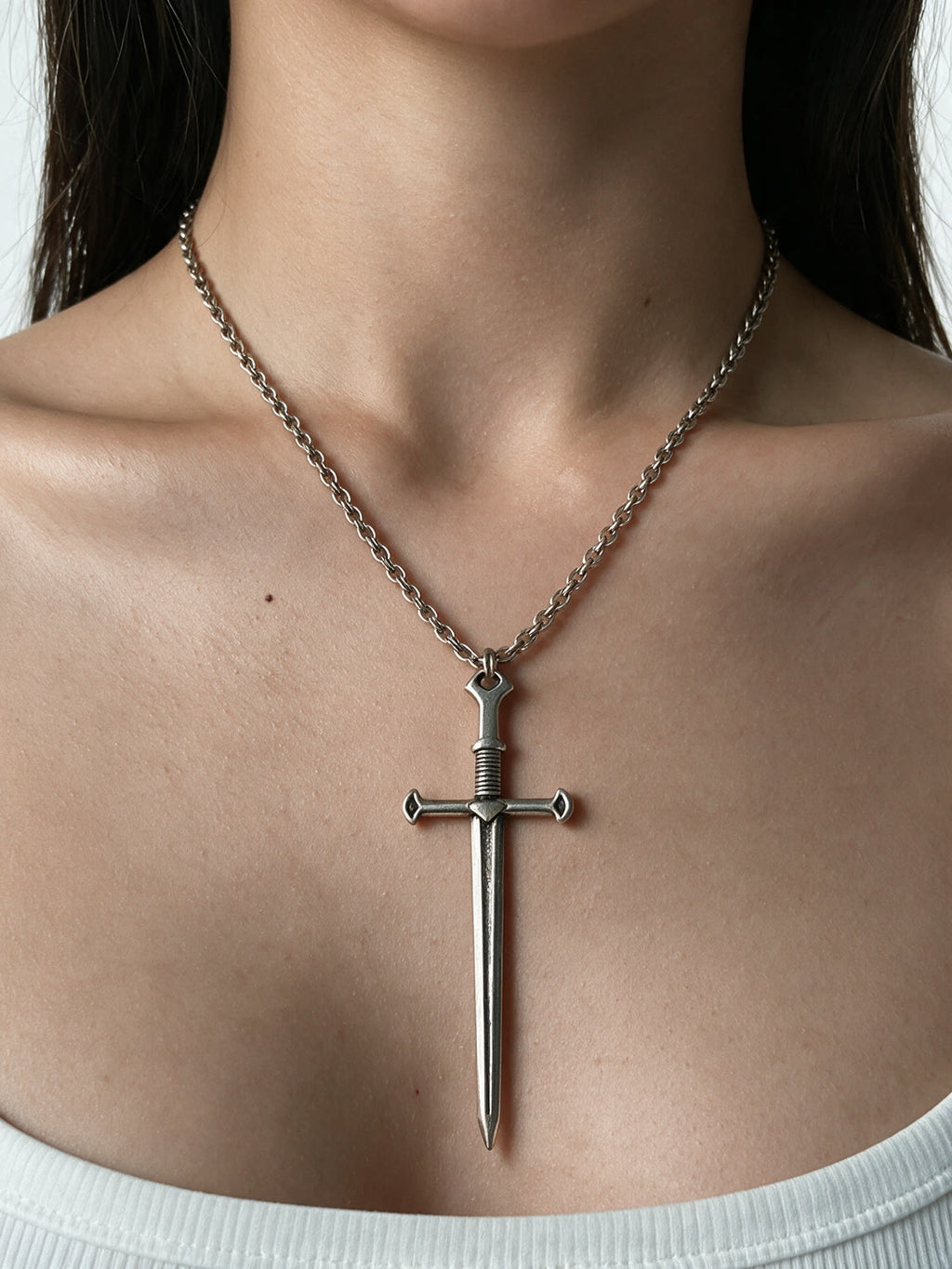 Long silver sword pendant necklace