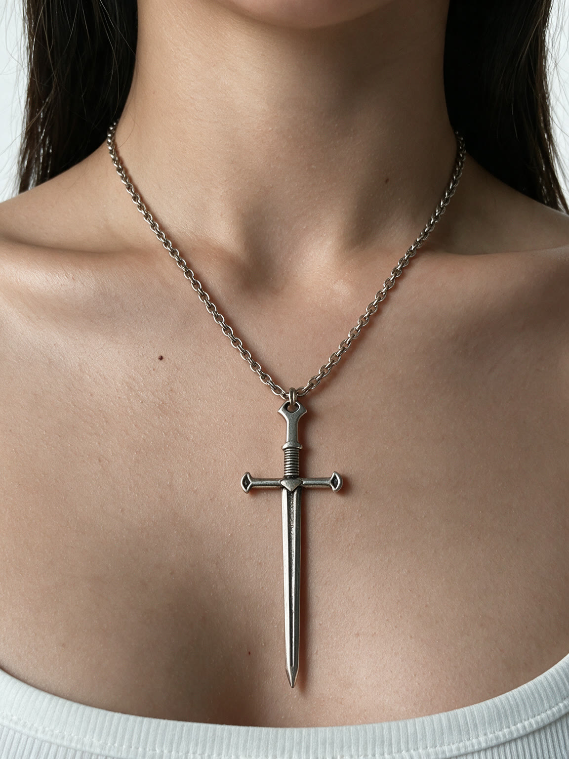 Long silver sword pendant necklace