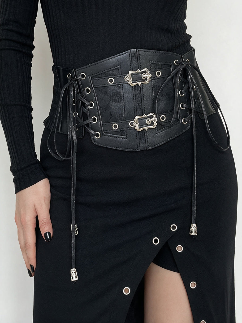 Wide black elastic corset waist belt with lace-up ties