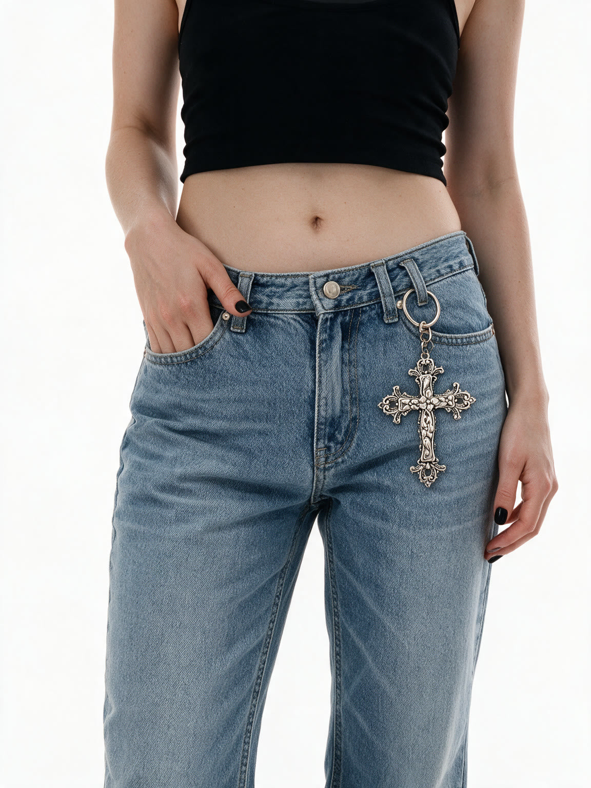 Large antiqued silver filigree cross keyring