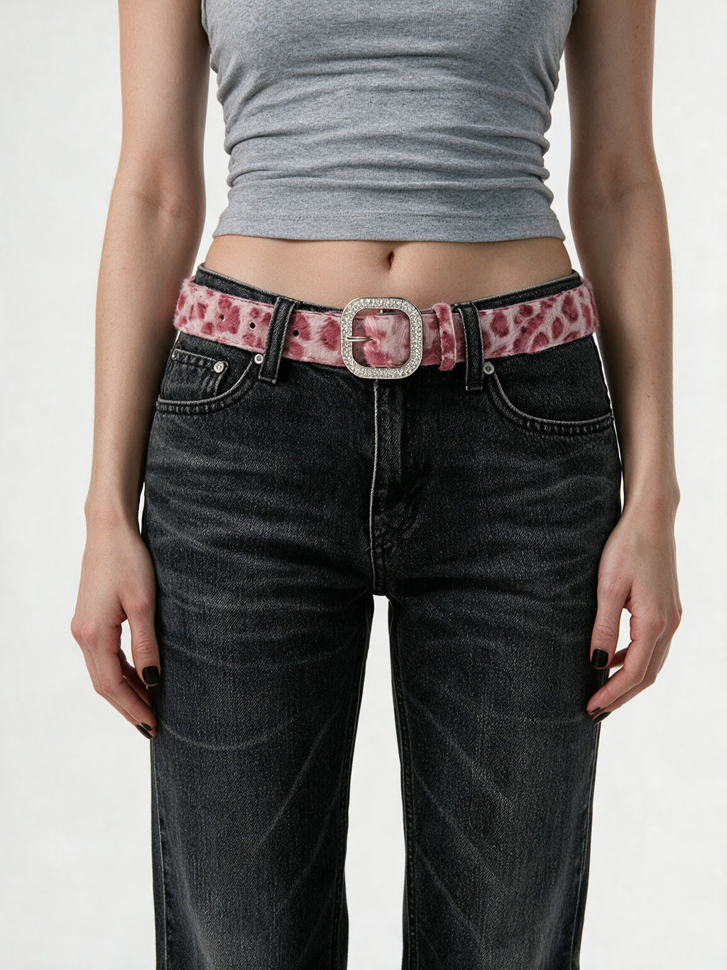 Pink faux fur belt with a crystal square buckle