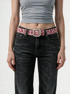 Pink faux fur belt with a crystal square buckle