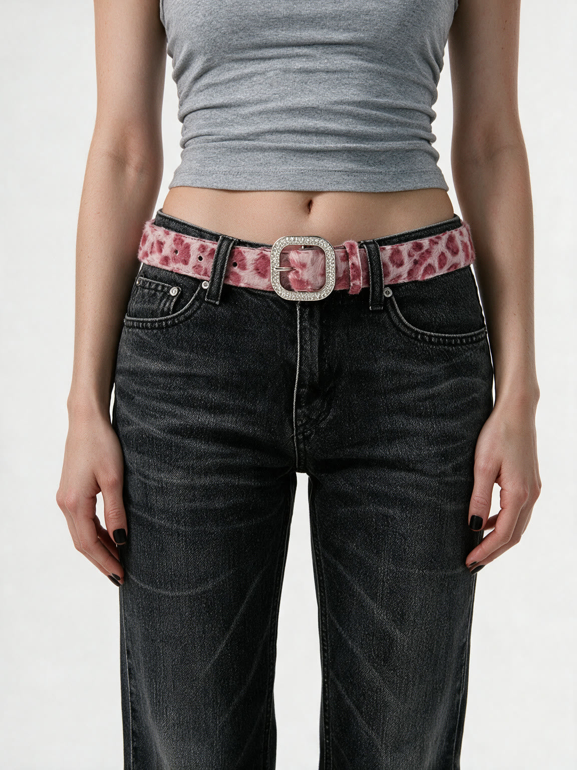 Pink faux fur belt with a crystal square buckle