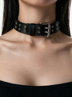 Black leather collar necklace with grommets and a buckle