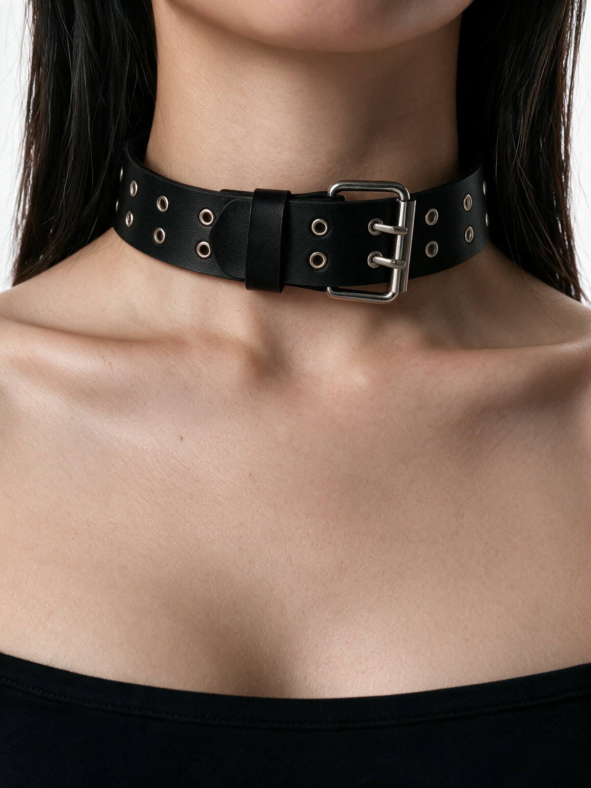 Black leather collar necklace with grommets and a buckle